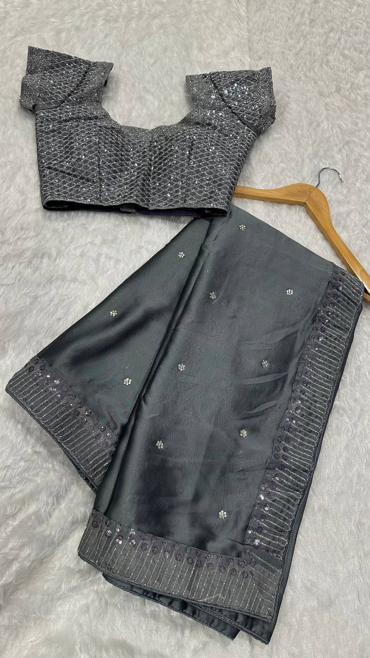 Silver Rangoli silk saree with sequins & dori work + stone work - INSPIRED - qivii
