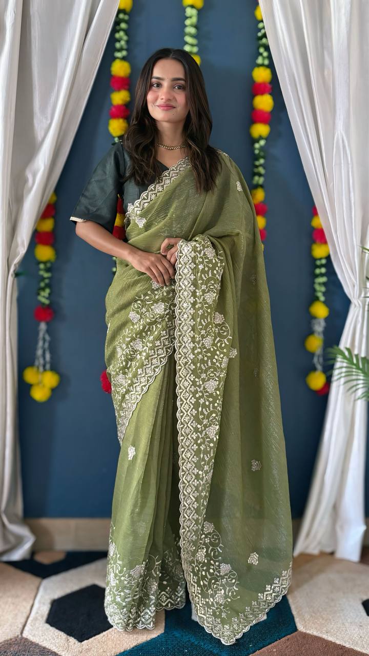 GREEN CRUNCHI SILK WITH SEQUENCE EMBROIDERY DESIGN C’PALLU WORK SAREE - INSPIRED - qivii