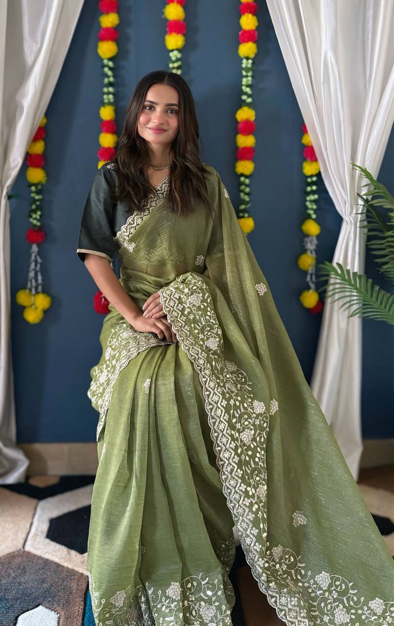 GREEN CRUNCHI SILK WITH SEQUENCE EMBROIDERY DESIGN C’PALLU WORK SAREE - INSPIRED - qivii