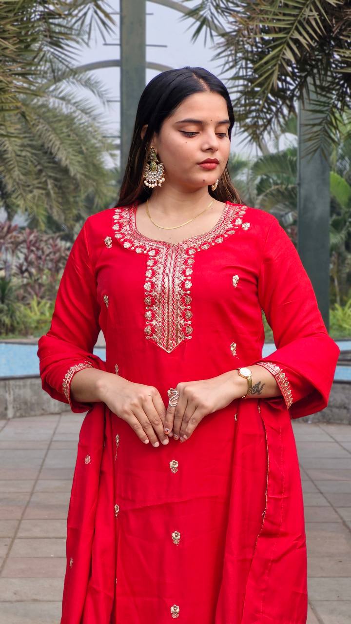 RED ROMAN SILK WITH EMBROIDERY SEQUENCE DESIGN WORK SALWAR SUIT - INSPIRED - qivii