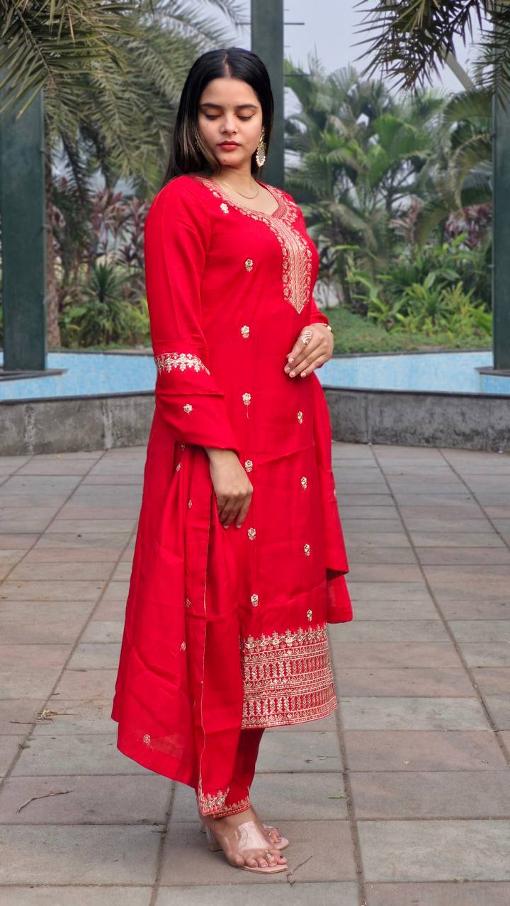 RED ROMAN SILK WITH EMBROIDERY SEQUENCE DESIGN WORK SALWAR SUIT - INSPIRED - qivii