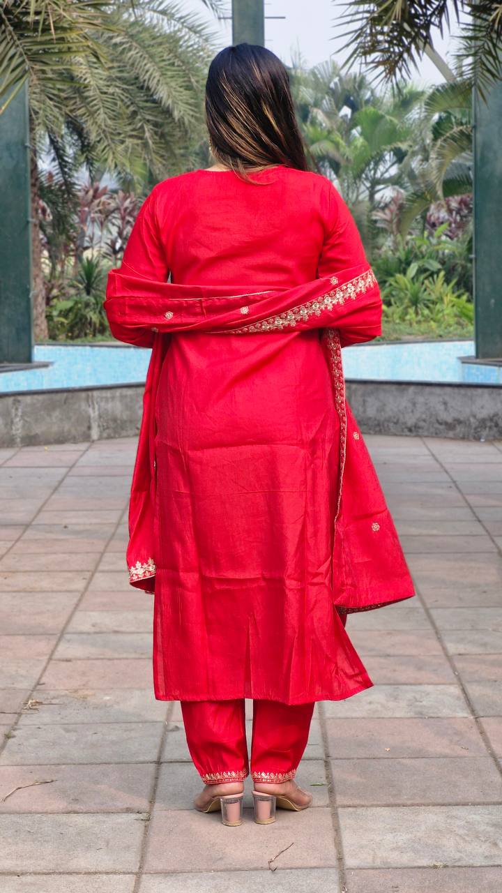 RED ROMAN SILK WITH EMBROIDERY SEQUENCE DESIGN WORK SALWAR SUIT - INSPIRED - qivii