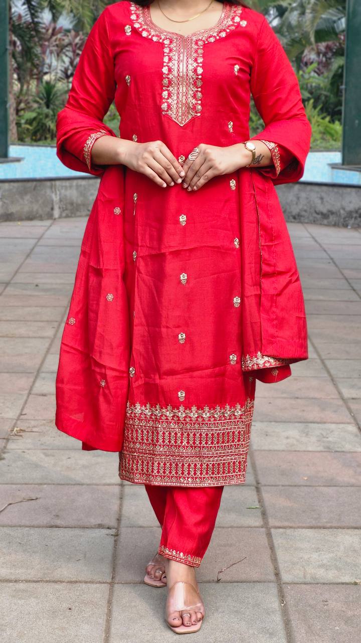 RED ROMAN SILK WITH EMBROIDERY SEQUENCE DESIGN WORK SALWAR SUIT - INSPIRED - qivii