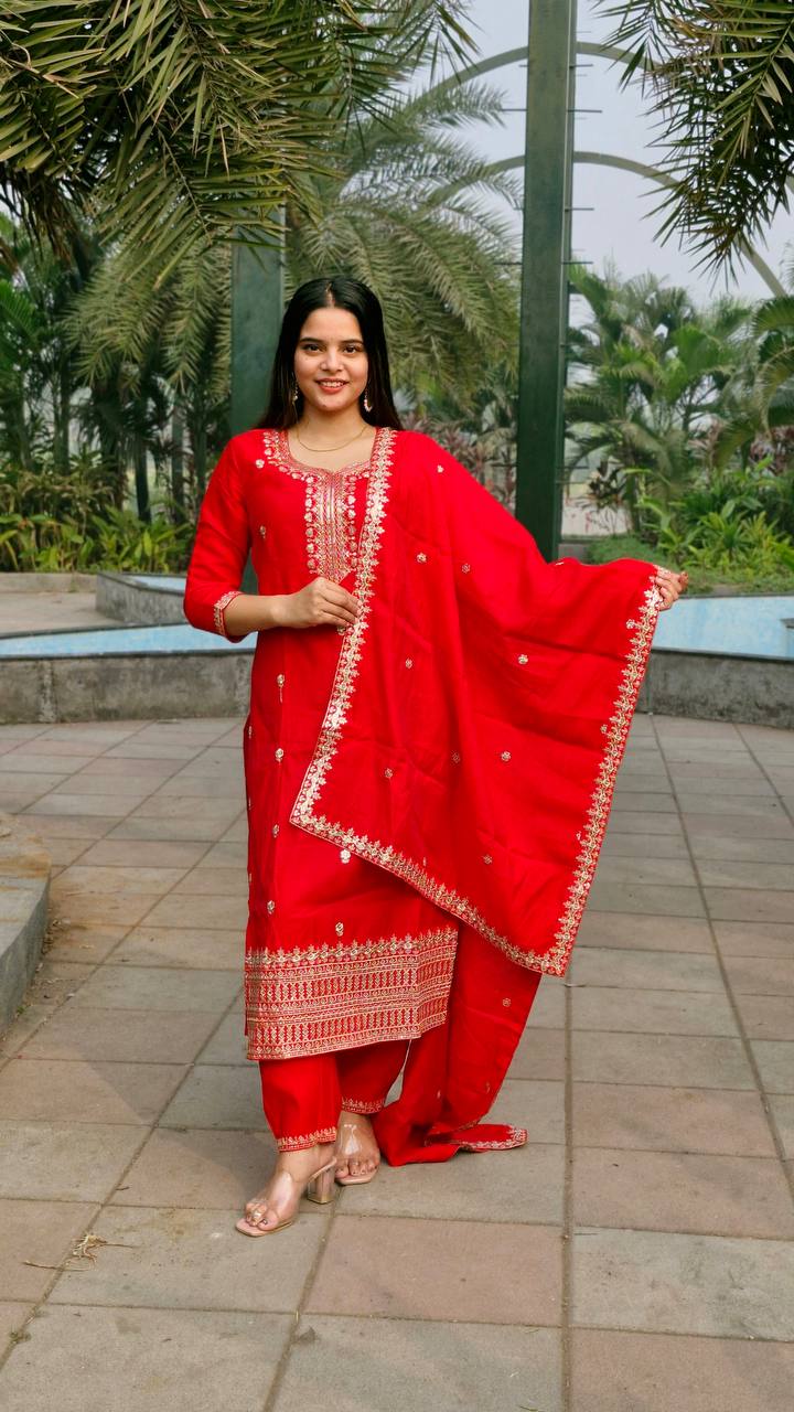RED ROMAN SILK WITH EMBROIDERY SEQUENCE DESIGN WORK SALWAR SUIT - INSPIRED - qivii