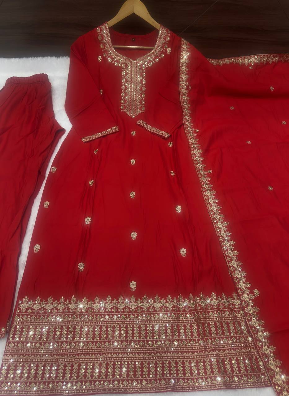 RED ROMAN SILK WITH EMBROIDERY SEQUENCE DESIGN WORK SALWAR SUIT - INSPIRED - qivii