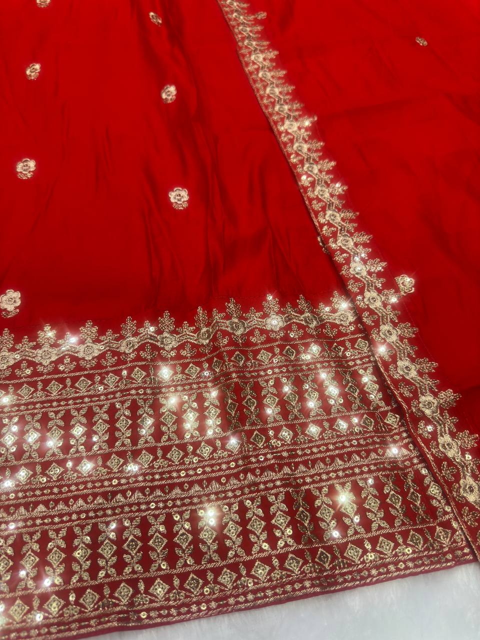 RED ROMAN SILK WITH EMBROIDERY SEQUENCE DESIGN WORK SALWAR SUIT - INSPIRED - qivii
