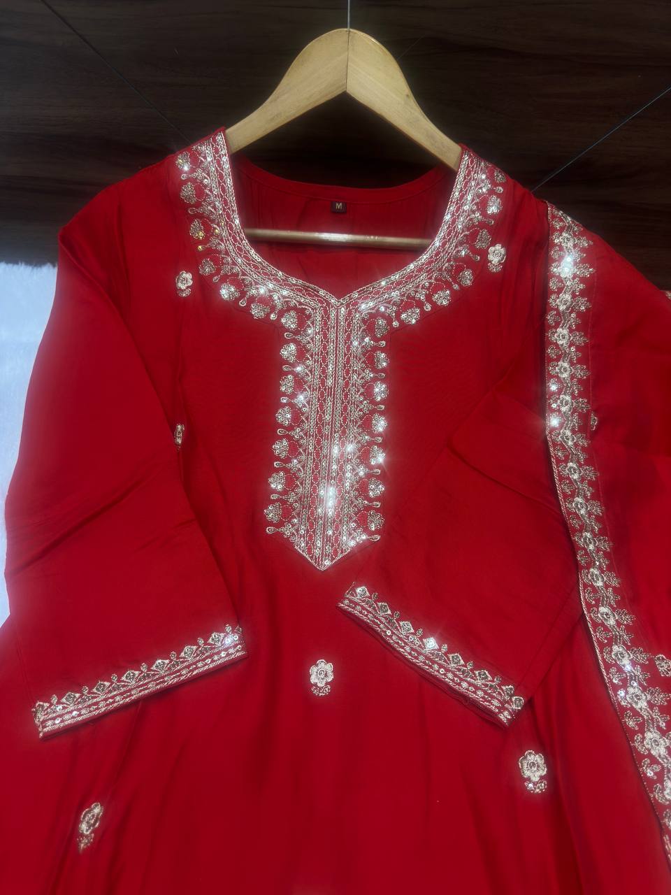RED ROMAN SILK WITH EMBROIDERY SEQUENCE DESIGN WORK SALWAR SUIT - INSPIRED - qivii