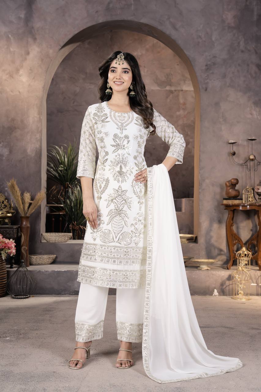 WHITE FAUX GEORGETTE WITH EMBROIDERY SEQUENCE DESIGN WORK SALWAR SUIT - INSPIRED - qivii