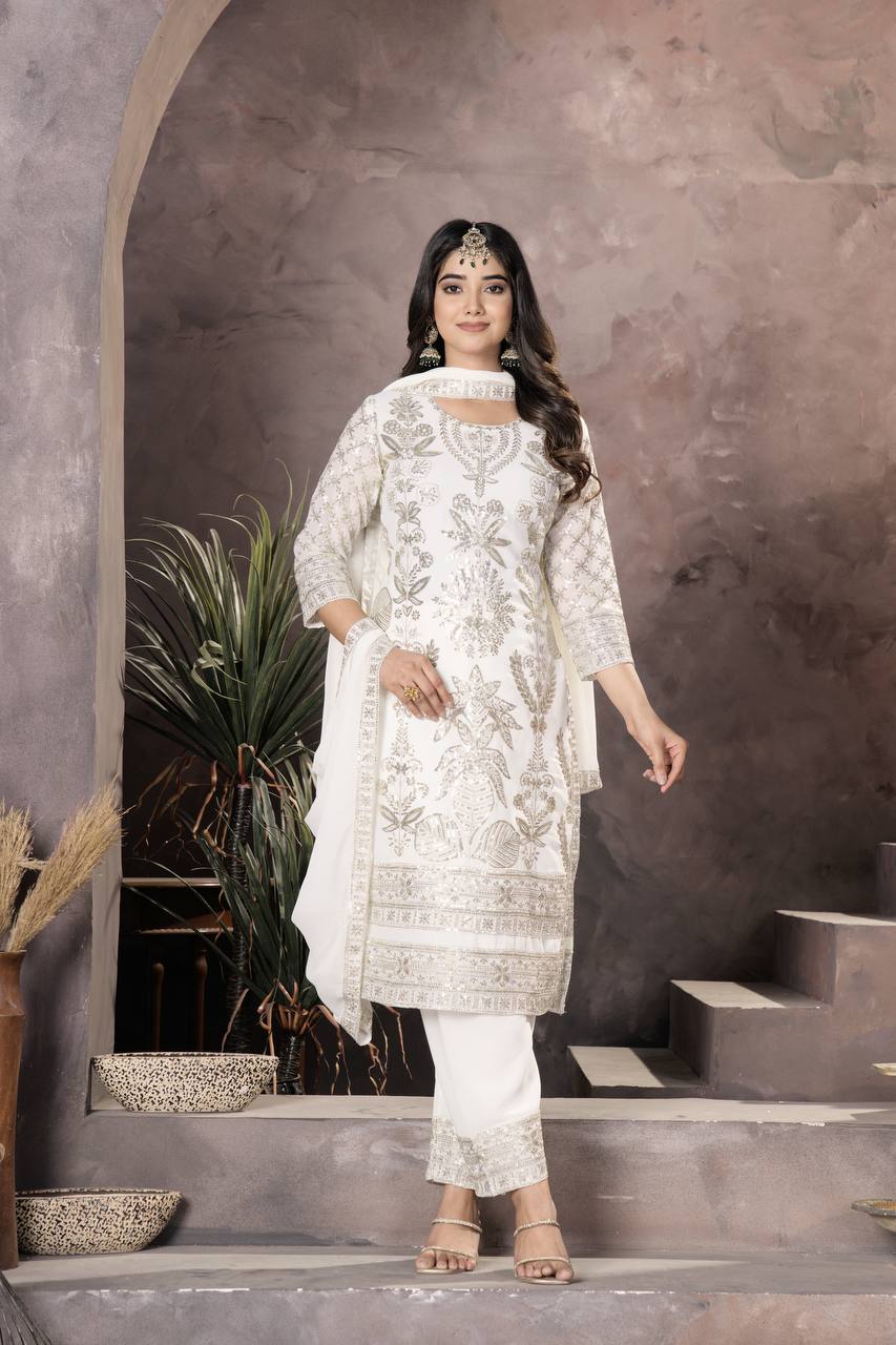 WHITE FAUX GEORGETTE WITH EMBROIDERY SEQUENCE DESIGN WORK SALWAR SUIT - INSPIRED - qivii