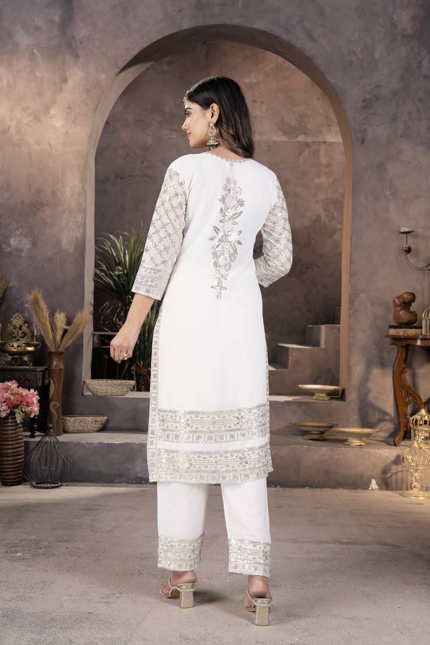 WHITE FAUX GEORGETTE WITH EMBROIDERY SEQUENCE DESIGN WORK SALWAR SUIT - INSPIRED - qivii