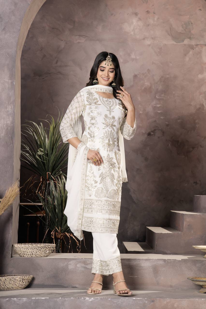 WHITE FAUX GEORGETTE WITH EMBROIDERY SEQUENCE DESIGN WORK SALWAR SUIT - INSPIRED - qivii