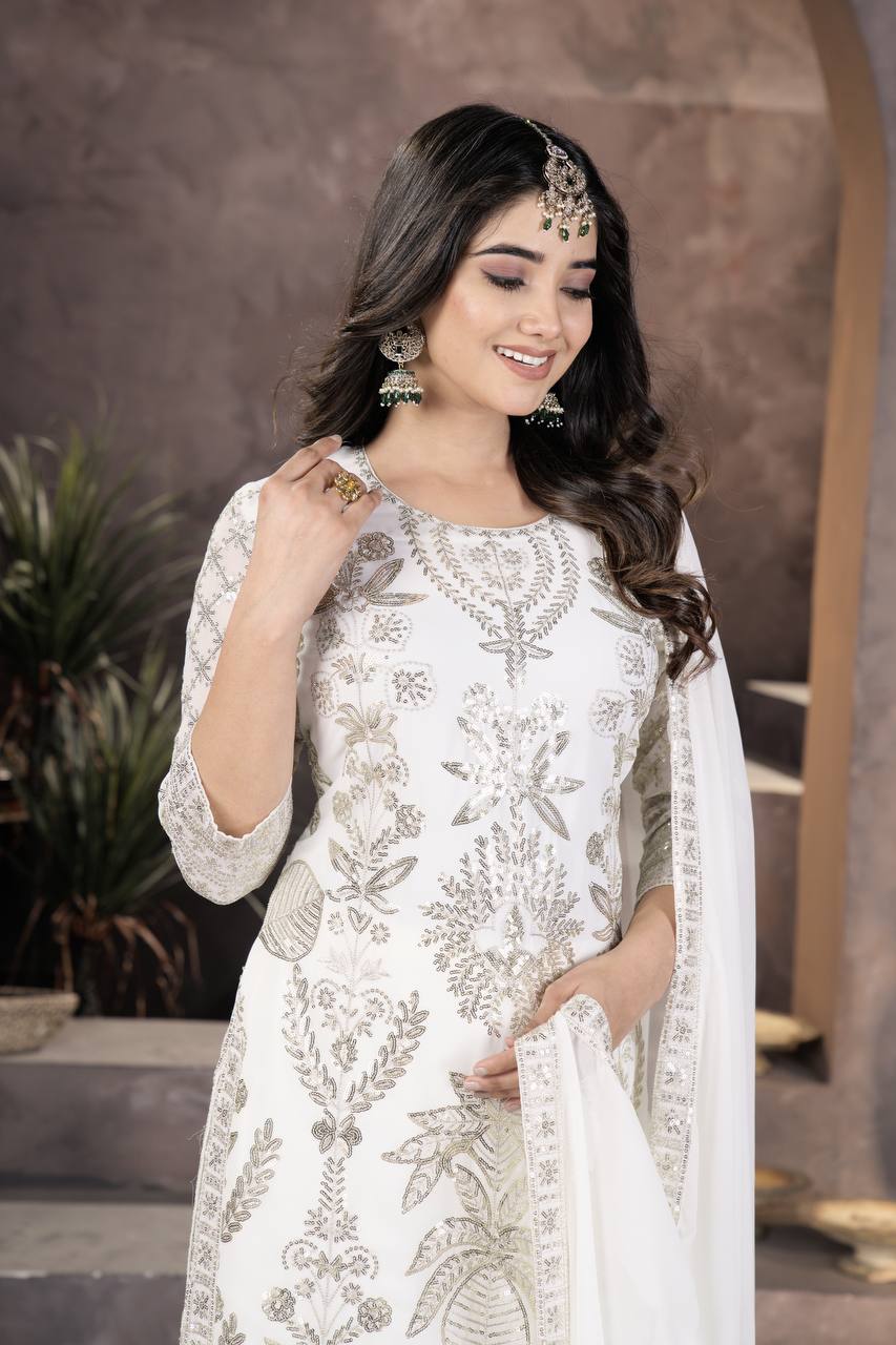 WHITE FAUX GEORGETTE WITH EMBROIDERY SEQUENCE DESIGN WORK SALWAR SUIT - INSPIRED - qivii
