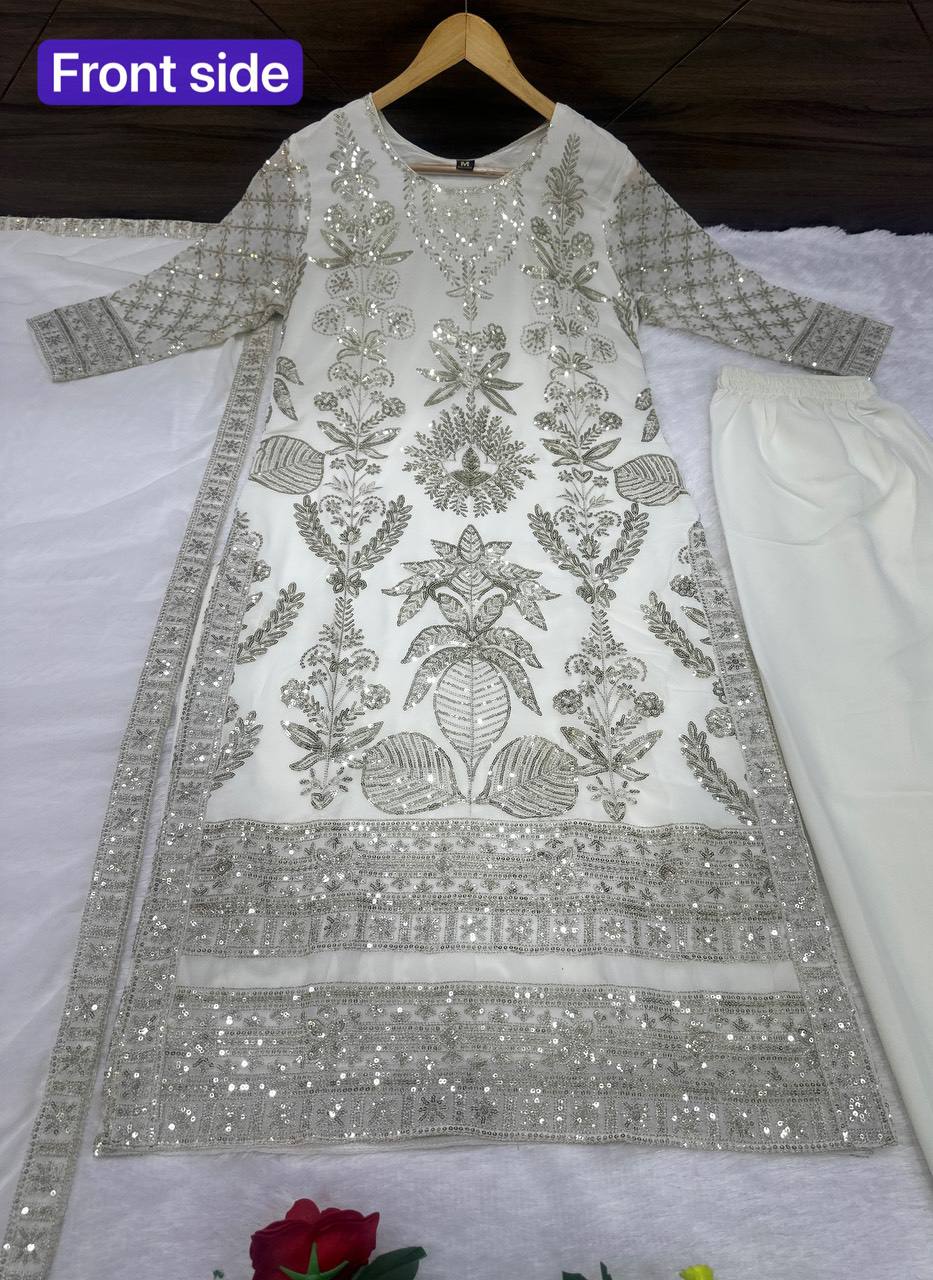 WHITE FAUX GEORGETTE WITH EMBROIDERY SEQUENCE DESIGN WORK SALWAR SUIT - INSPIRED - qivii