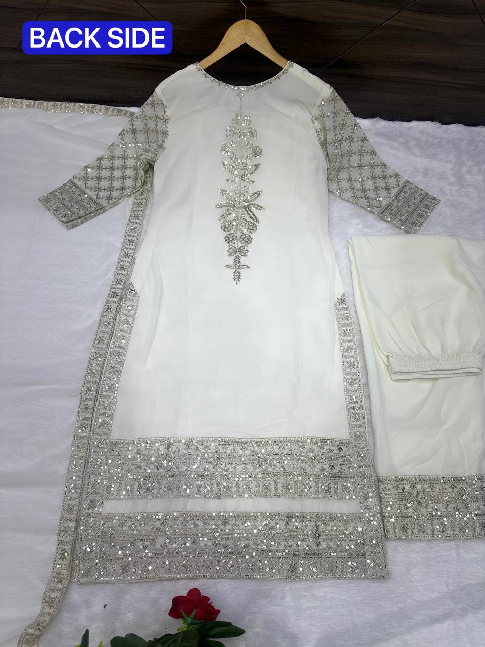 WHITE FAUX GEORGETTE WITH EMBROIDERY SEQUENCE DESIGN WORK SALWAR SUIT - INSPIRED - qivii