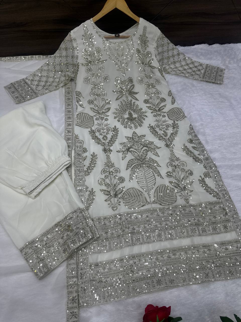 WHITE FAUX GEORGETTE WITH EMBROIDERY SEQUENCE DESIGN WORK SALWAR SUIT - INSPIRED - qivii