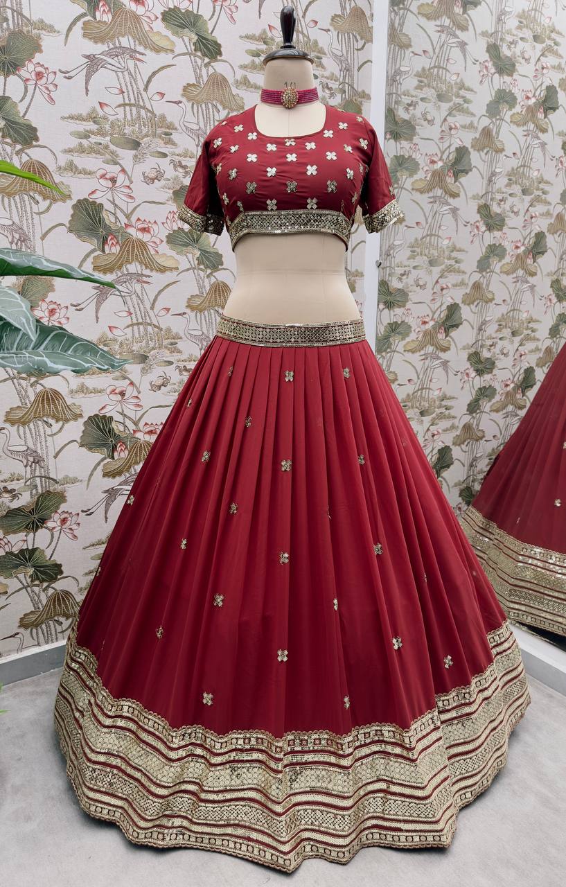 PINK FAUX GEORGEET MBROIDERY SEQUENCE DESIGN WORK LEHENGA - INSPIRED | Ready To Wear - qivii