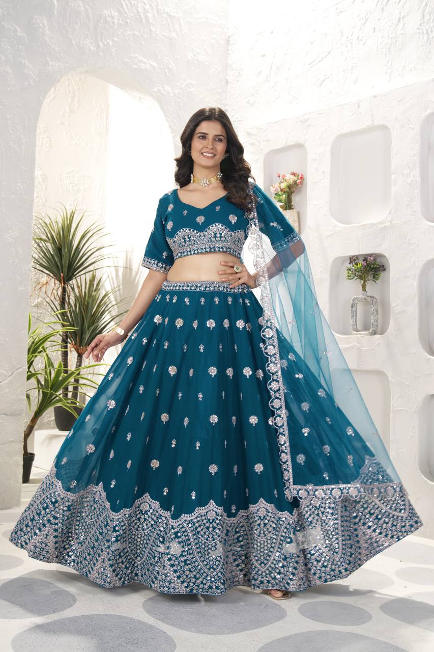 BLUE FAUX GEORGEET EMBROIDERY SEQUENCE DESIGN WORK LEHENGA - INSPIRED | Ready To Wear - qivii