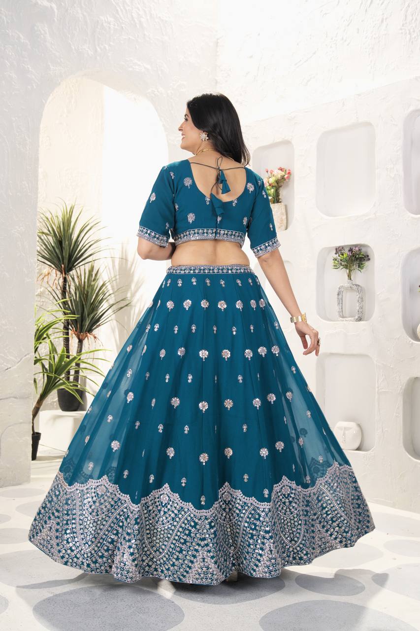 BLUE FAUX GEORGEET EMBROIDERY SEQUENCE DESIGN WORK LEHENGA - INSPIRED | Ready To Wear - qivii