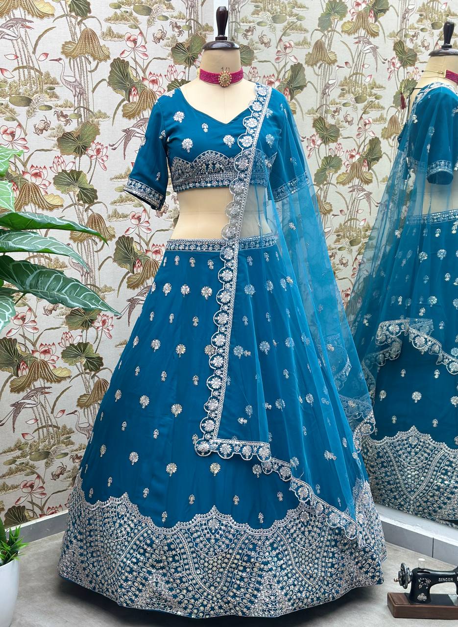 BLUE FAUX GEORGEET EMBROIDERY SEQUENCE DESIGN WORK LEHENGA - INSPIRED | Ready To Wear - qivii