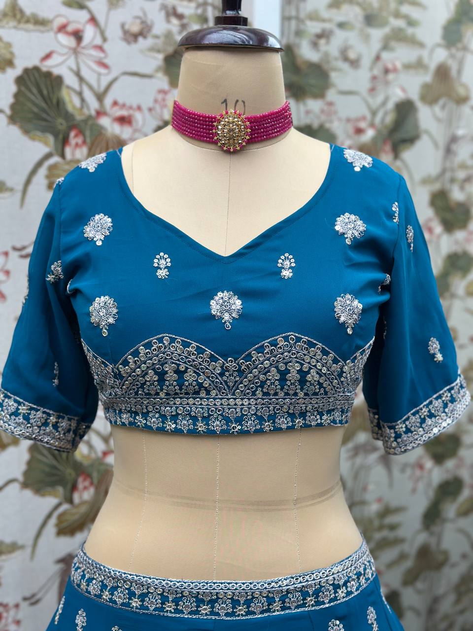BLUE FAUX GEORGEET EMBROIDERY SEQUENCE DESIGN WORK LEHENGA - INSPIRED | Ready To Wear - qivii