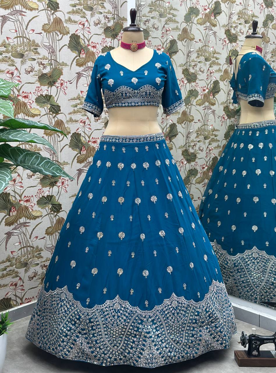 BLUE FAUX GEORGEET EMBROIDERY SEQUENCE DESIGN WORK LEHENGA - INSPIRED | Ready To Wear - qivii