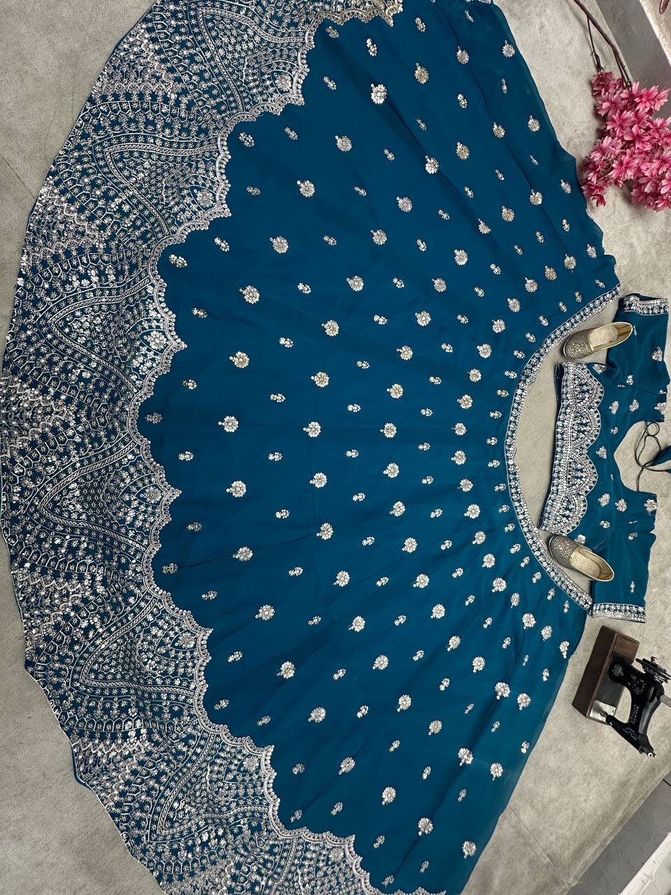 BLUE FAUX GEORGEET EMBROIDERY SEQUENCE DESIGN WORK LEHENGA - INSPIRED | Ready To Wear - qivii