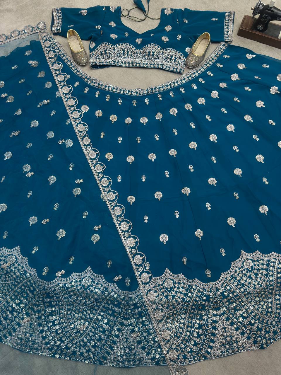 BLUE FAUX GEORGEET EMBROIDERY SEQUENCE DESIGN WORK LEHENGA - INSPIRED | Ready To Wear - qivii