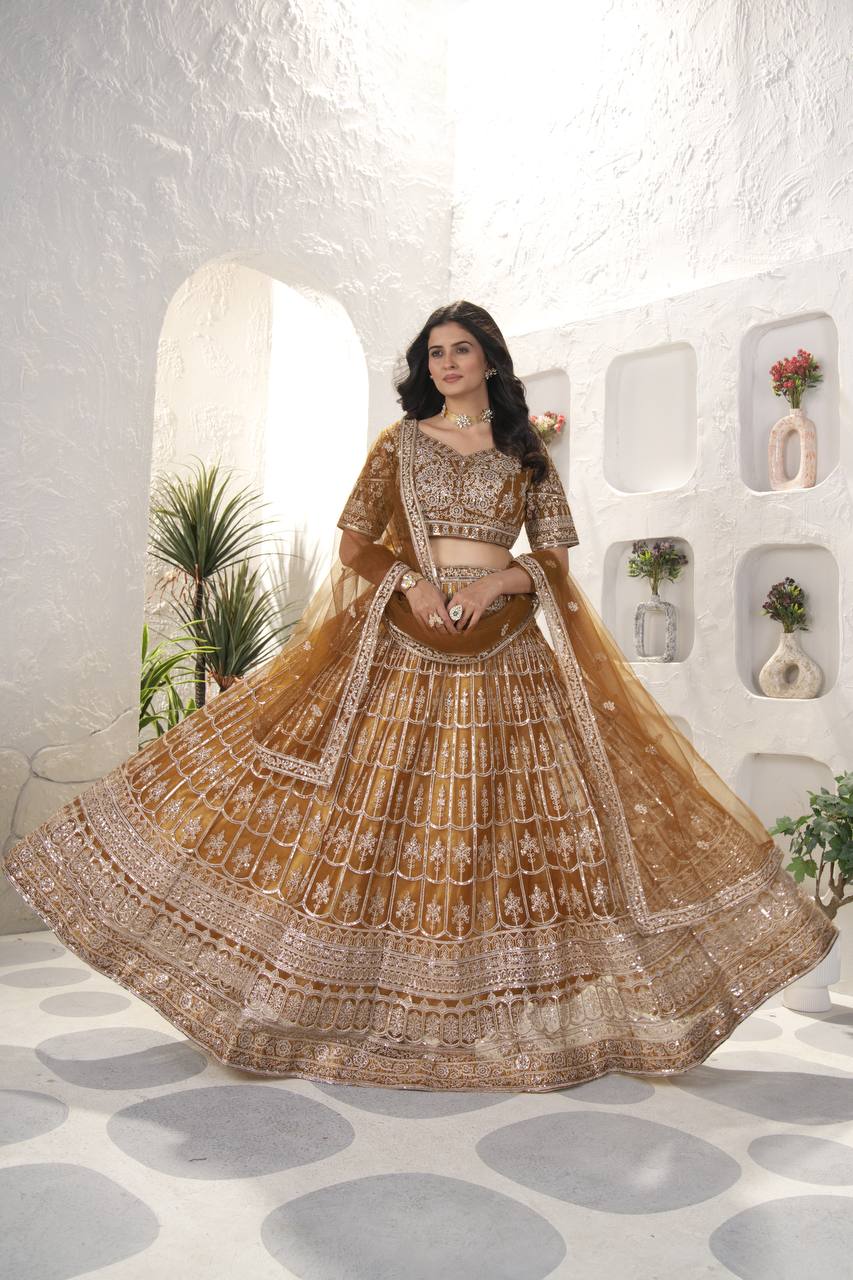 BROWN NET EMBROIDERY SEQUENCE DESIGN WORK LEHENGA - INSPIRED | Ready To Wear - qivii