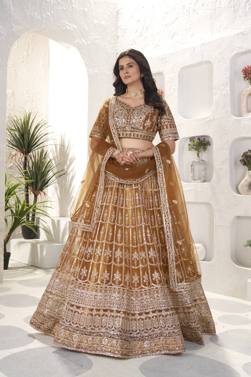 BROWN NET EMBROIDERY SEQUENCE DESIGN WORK LEHENGA - INSPIRED | Ready To Wear - qivii