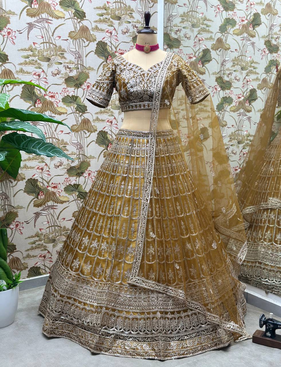 BROWN NET EMBROIDERY SEQUENCE DESIGN WORK LEHENGA - INSPIRED | Ready To Wear - qivii