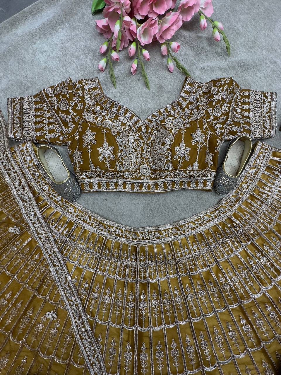 BROWN NET EMBROIDERY SEQUENCE DESIGN WORK LEHENGA - INSPIRED | Ready To Wear - qivii