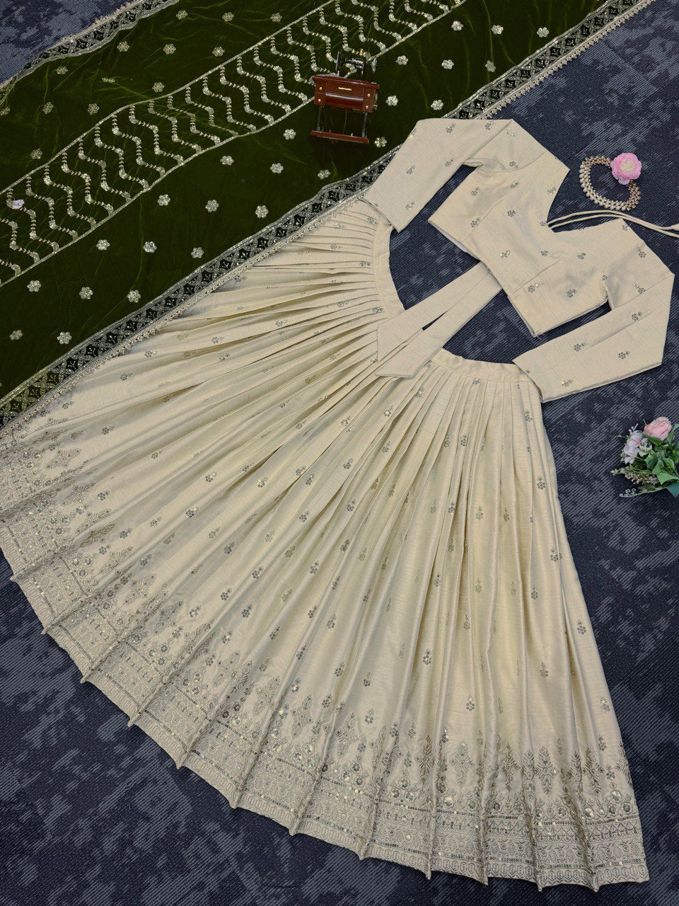 Off White Silkyani Slab thread with Sequnce Lehenga Choli - INSPIRED | Ready To Wear - qivii