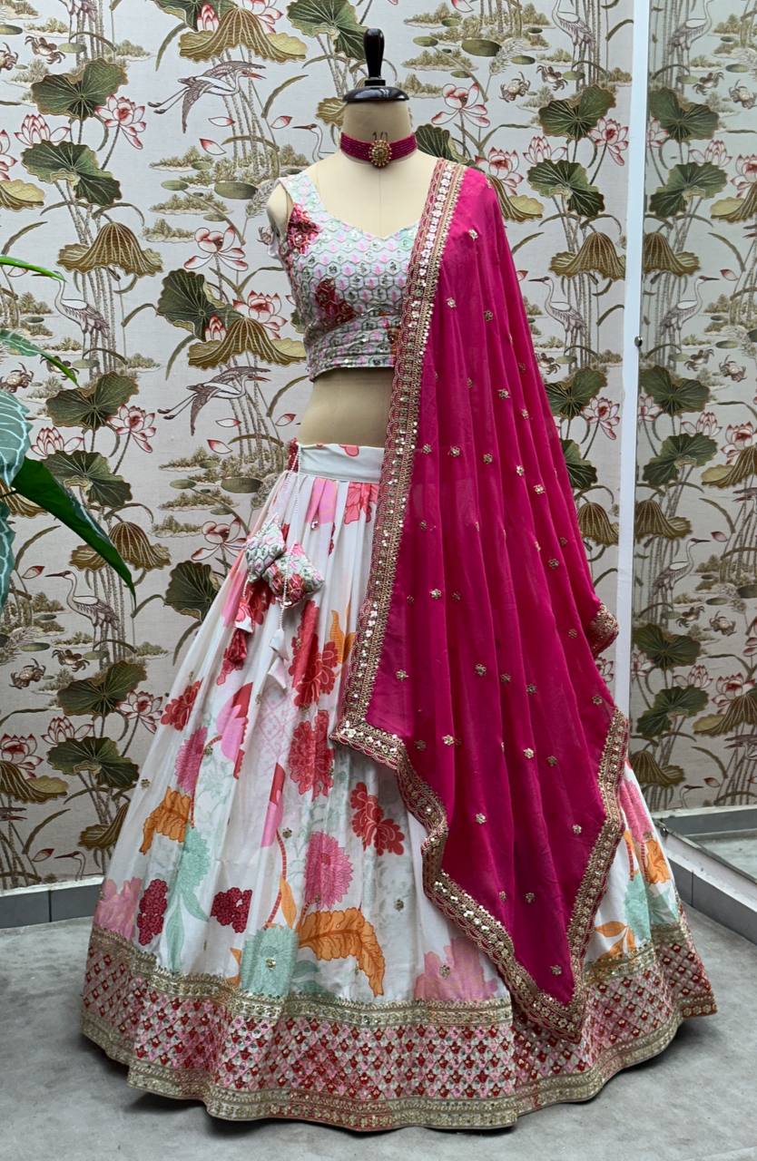 WHITE CHINON EMBROIDERY CODDING SEQUENCE DESIGN WORK LEHENGA - INSPIRED | Ready To Wear - qivii