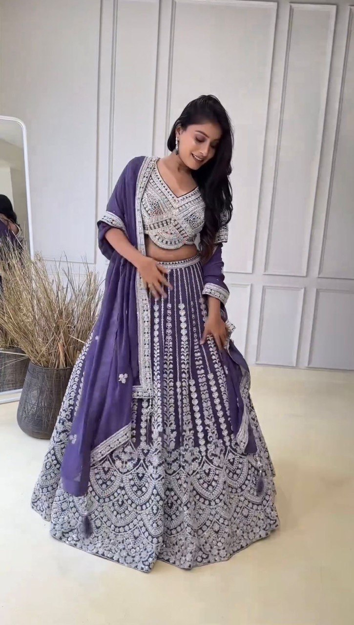 Blue Foux Gorgette Codeing Dori with Sequnce Lehenga Choli - INSPIRED | Ready To Wear - qivii