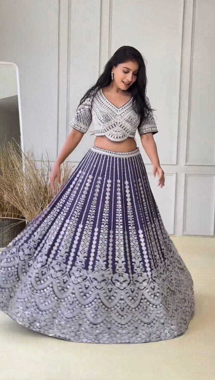 Blue Foux Gorgette Codeing Dori with Sequnce Lehenga Choli - INSPIRED | Ready To Wear - qivii