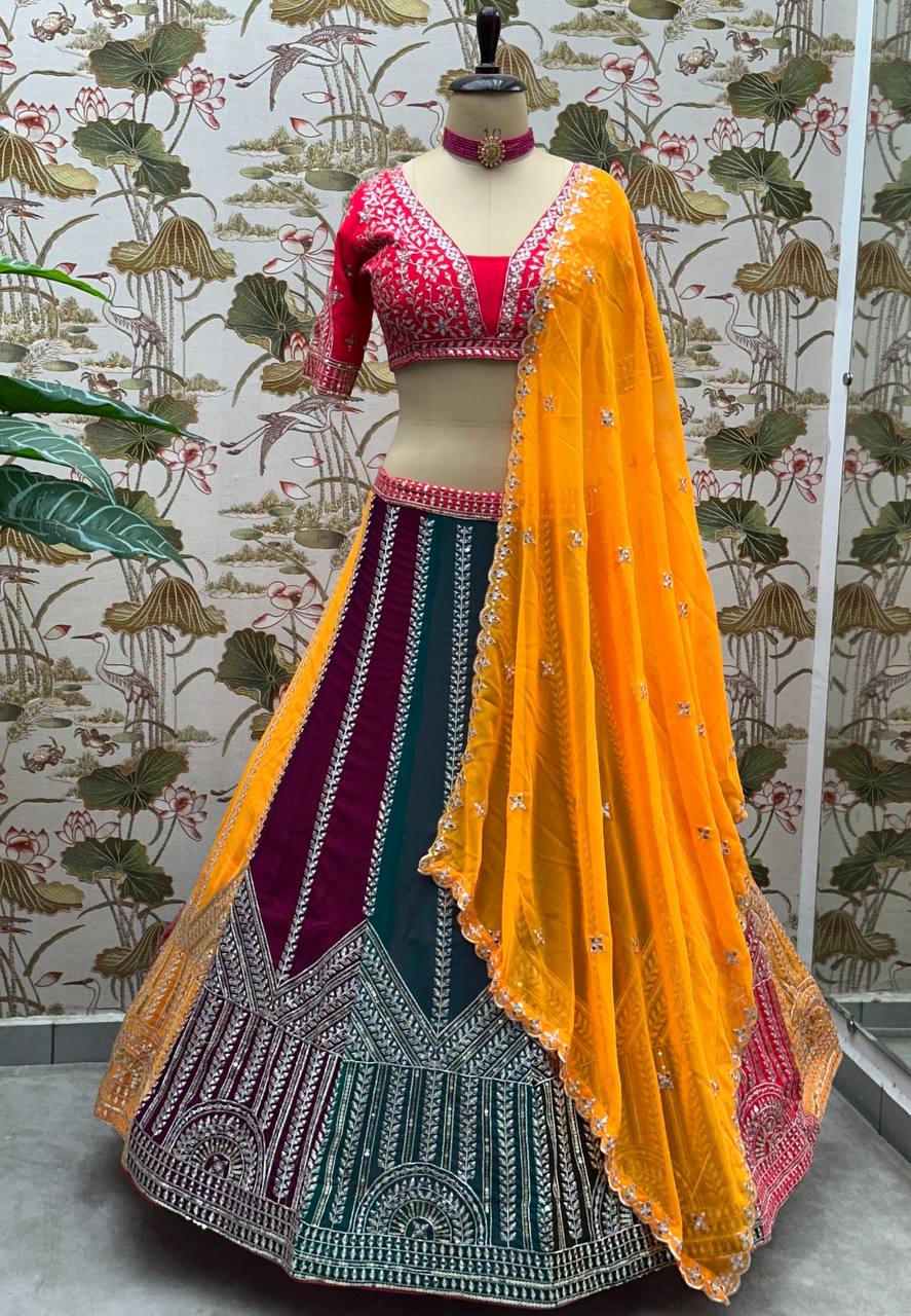 MULTI COLOR FAUX GEORGEET EMBROIDERY SEQUENCE DESIGN WORK LEHENGA - INSPIRED | Ready To Wear - qivii
