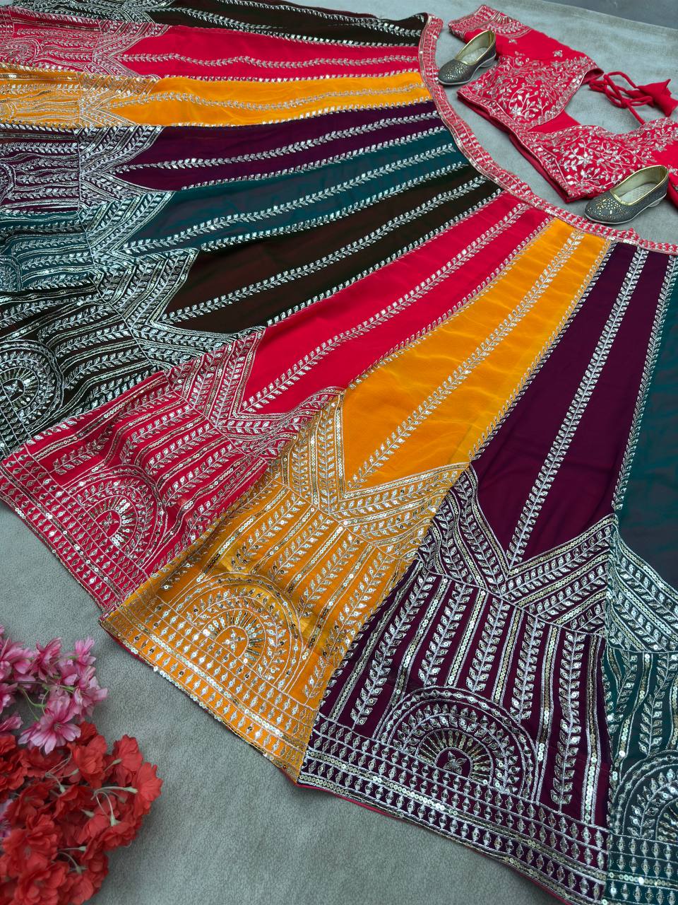 MULTI COLOR FAUX GEORGEET EMBROIDERY SEQUENCE DESIGN WORK LEHENGA - INSPIRED | Ready To Wear - qivii