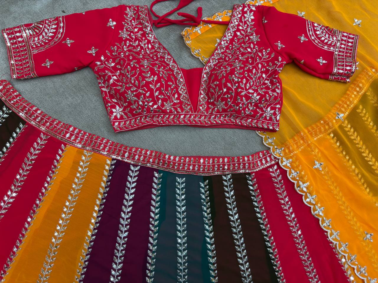 MULTI COLOR FAUX GEORGEET EMBROIDERY SEQUENCE DESIGN WORK LEHENGA - INSPIRED | Ready To Wear - qivii