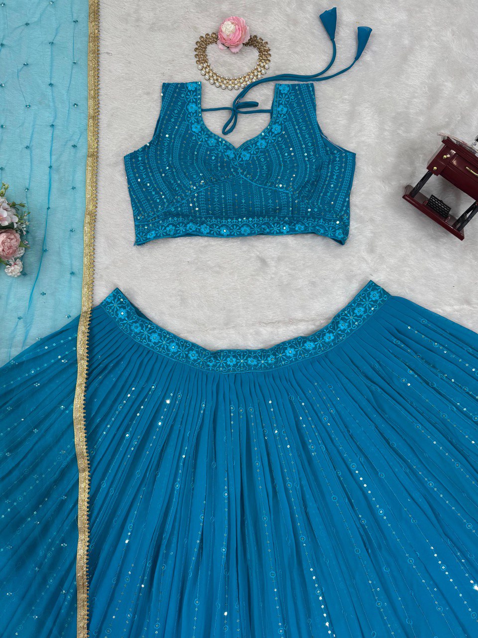 Blue Foux Gorgette thread with Sequnce Lehenga Choli - INSPIRED | Ready To Wear - qivii