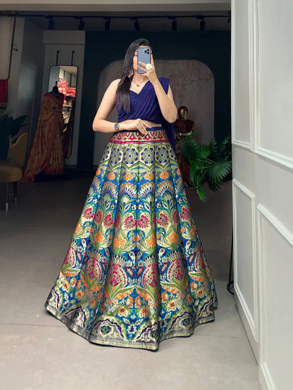 Navy Blue Banarasi Silk Crop top Lehenga Choli | Ready To Wear - qivii