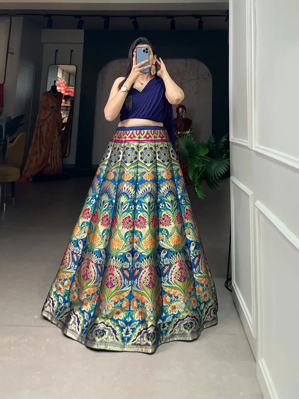 Navy Blue Banarasi Silk Crop top Lehenga Choli | Ready To Wear - qivii