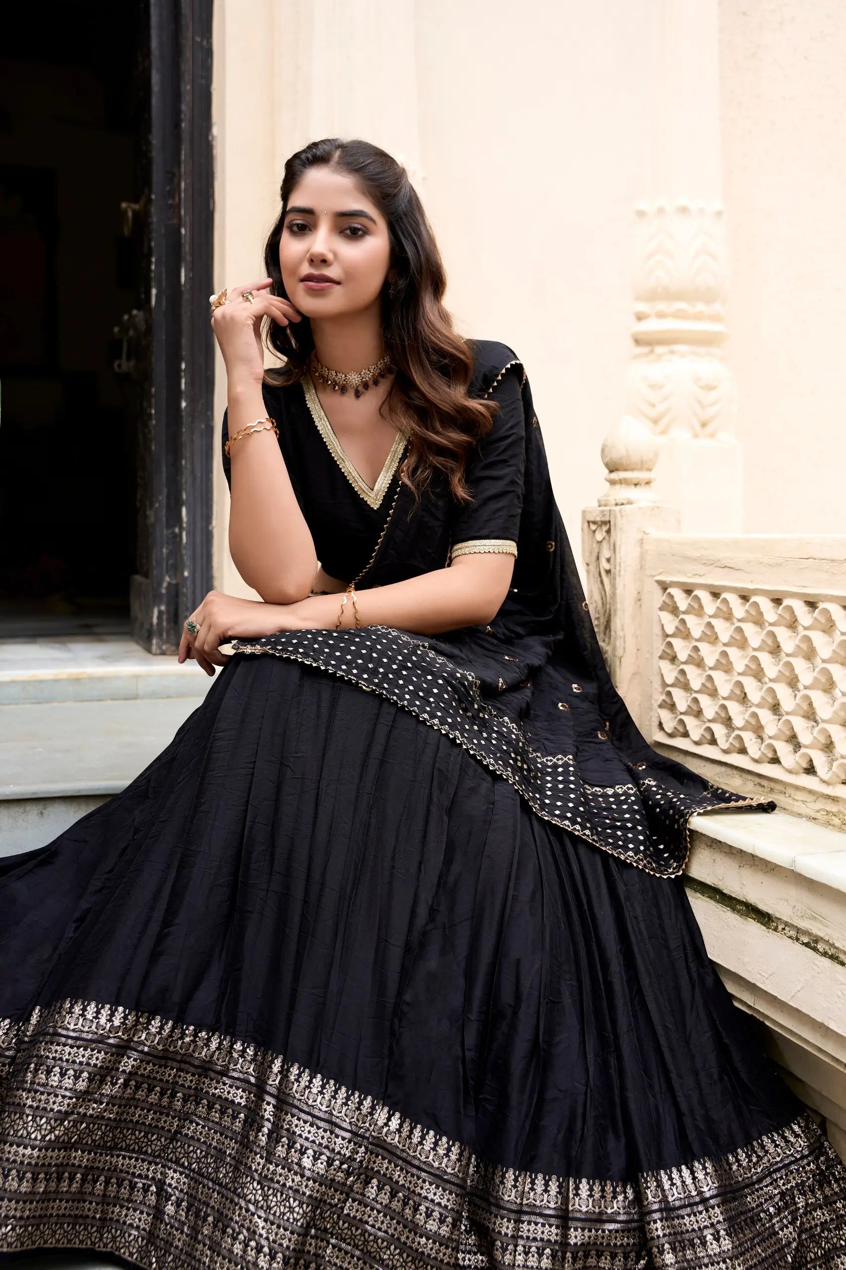 Black Chanderi Silk Lehenga Choli With Zari Weaving Work | Ready To Wear - qivii