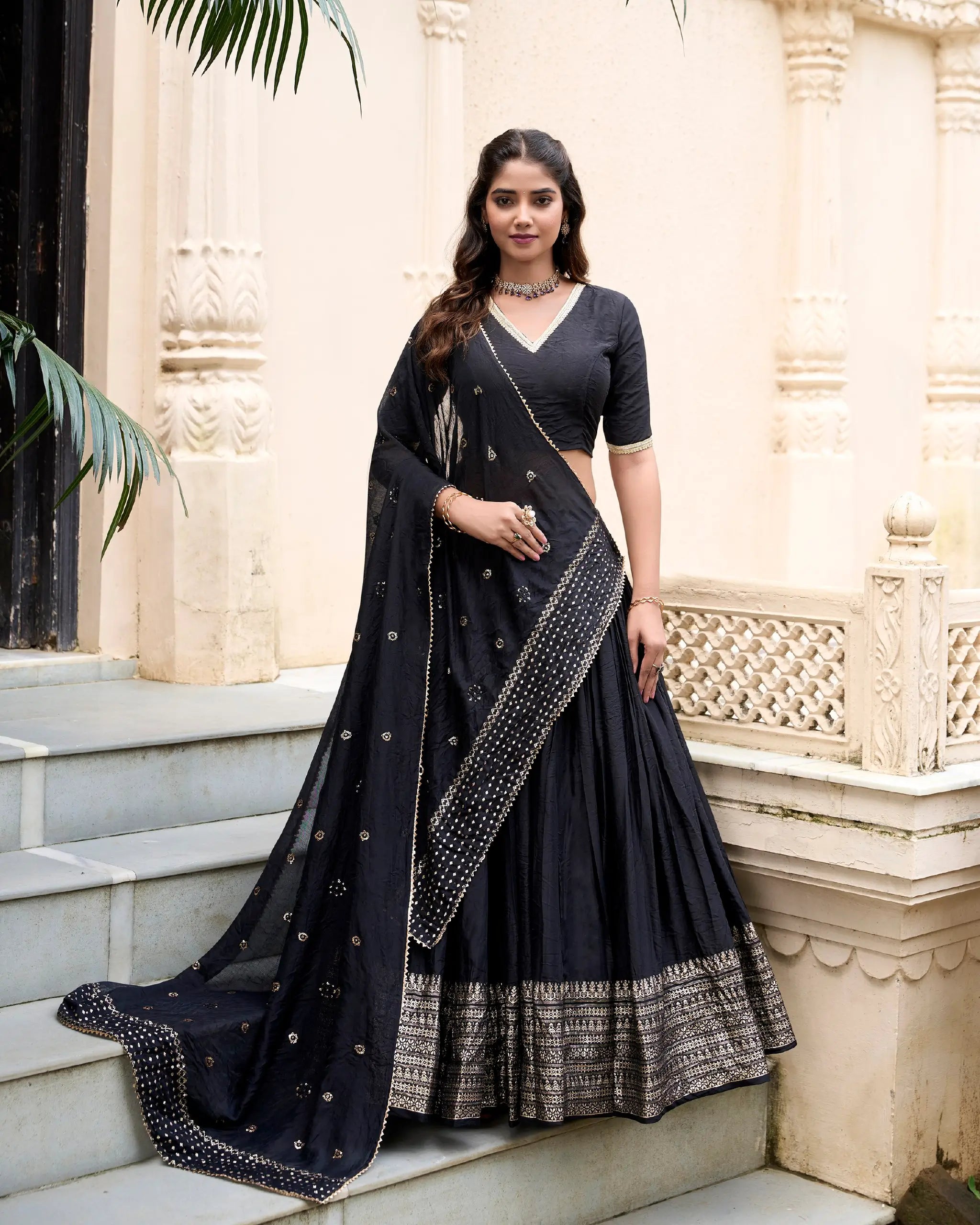 Black Chanderi Silk Lehenga Choli With Zari Weaving Work | Ready To Wear - qivii