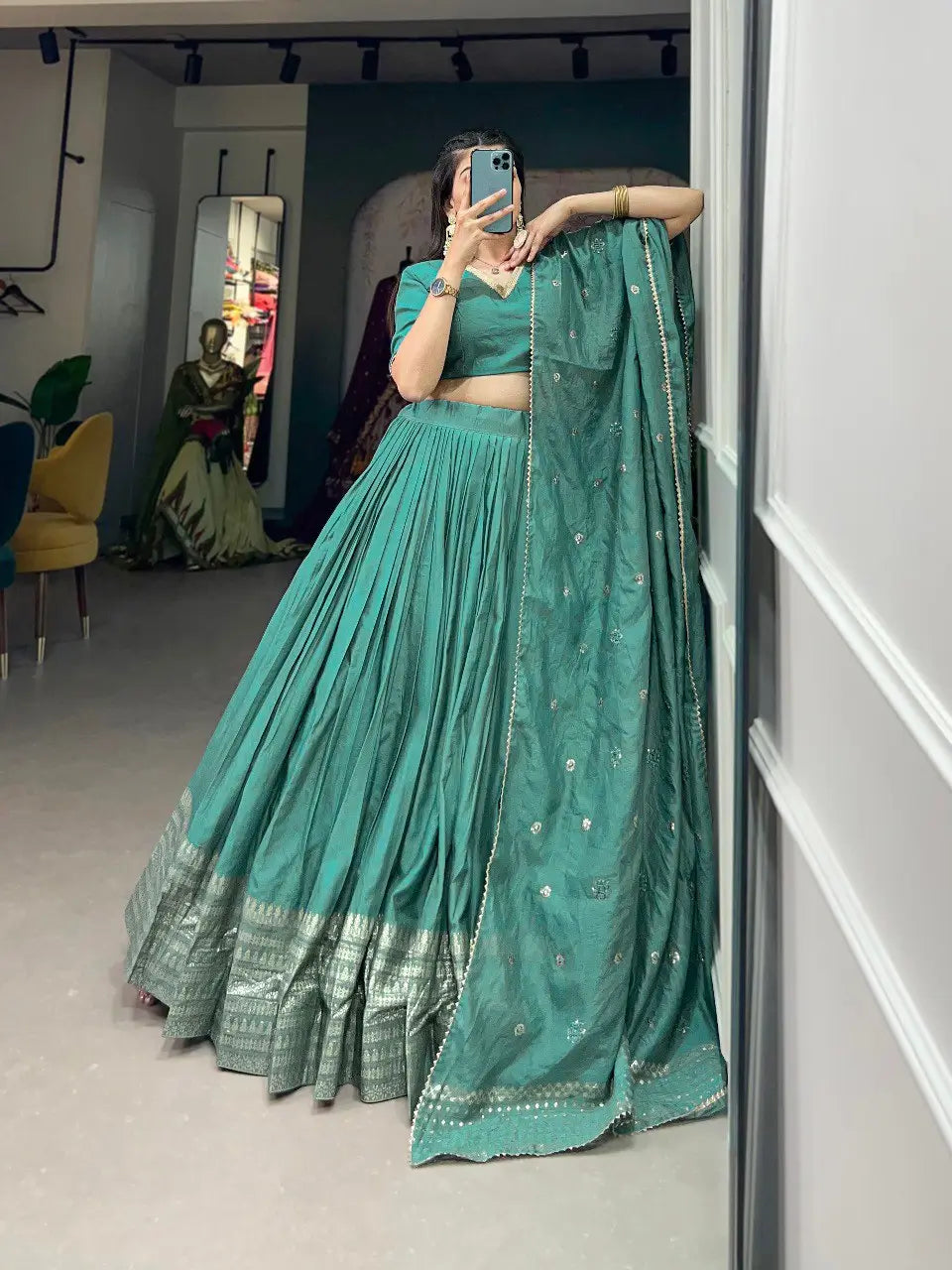 Sea Green Chanderi Silk Lehenga Choli With Zari Weaving Work | Ready To Wear - qivii