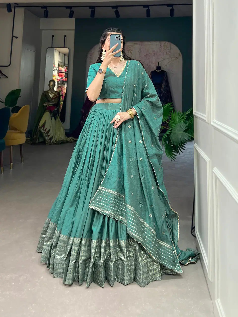 Sea Green Chanderi Silk Lehenga Choli With Zari Weaving Work | Ready To Wear - qivii