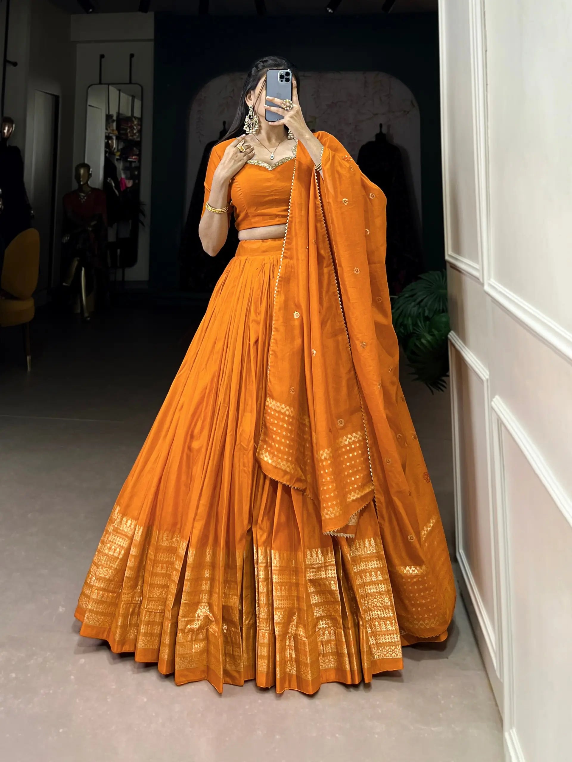 Orange Chanderi Silk Lehenga Choli With Zari Weaving Work | Ready To Wear - qivii