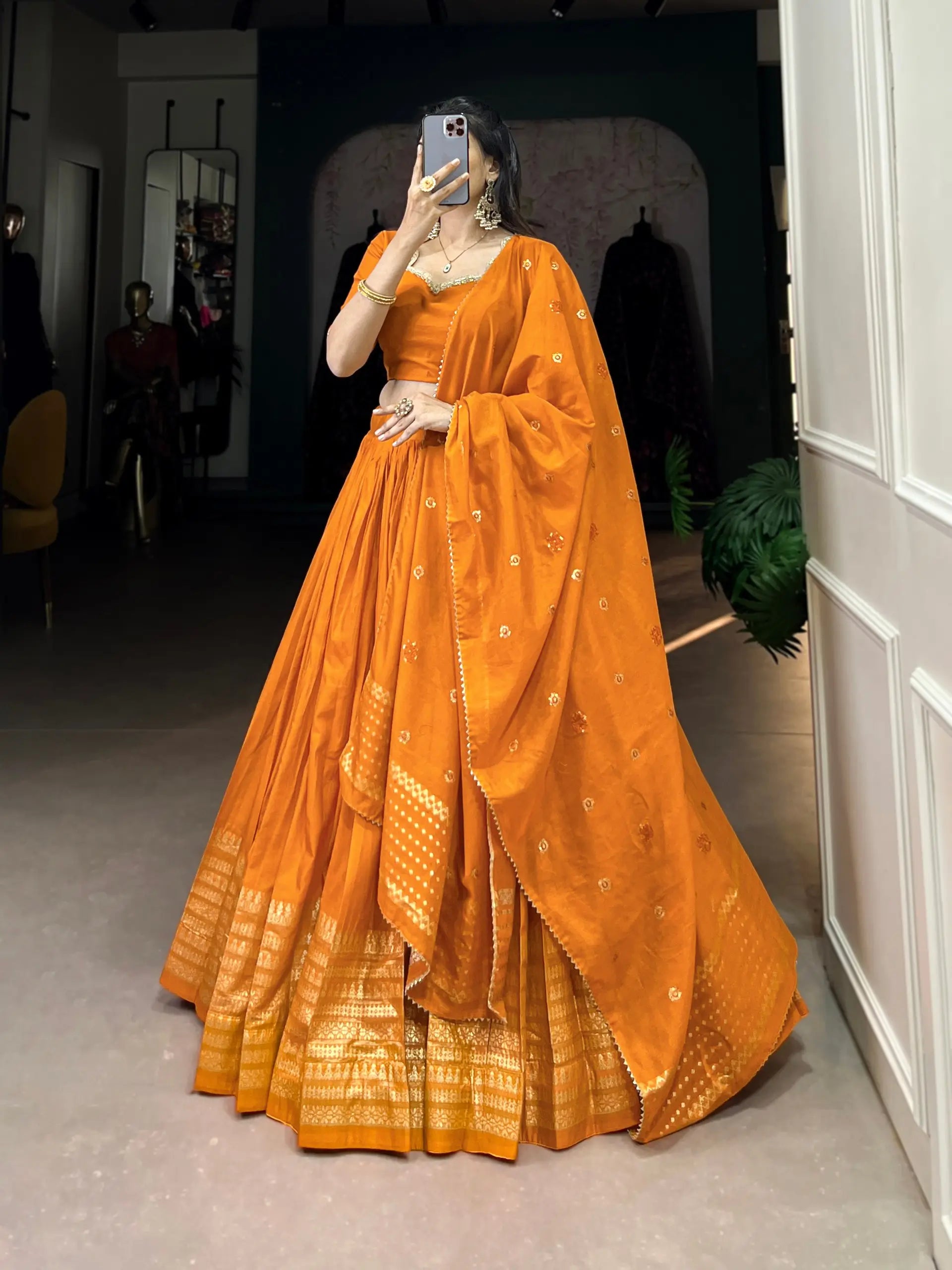 Orange Chanderi Silk Lehenga Choli With Zari Weaving Work | Ready To Wear - qivii