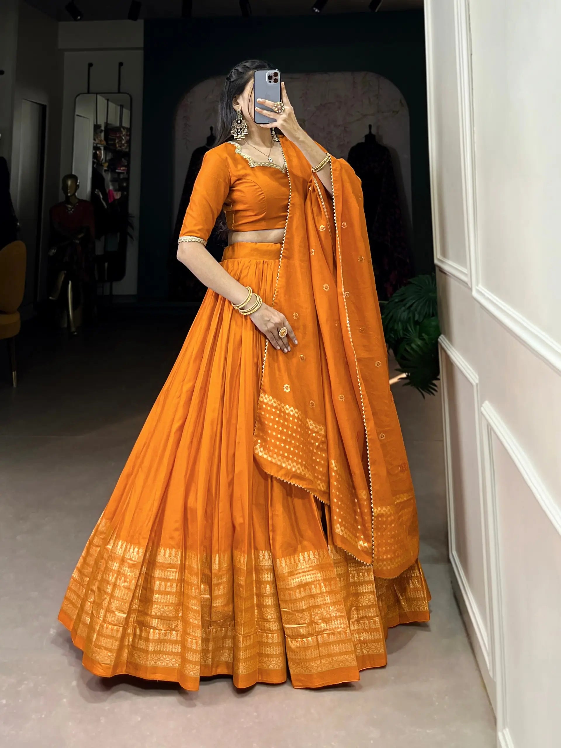 Orange Chanderi Silk Lehenga Choli With Zari Weaving Work | Ready To Wear - qivii