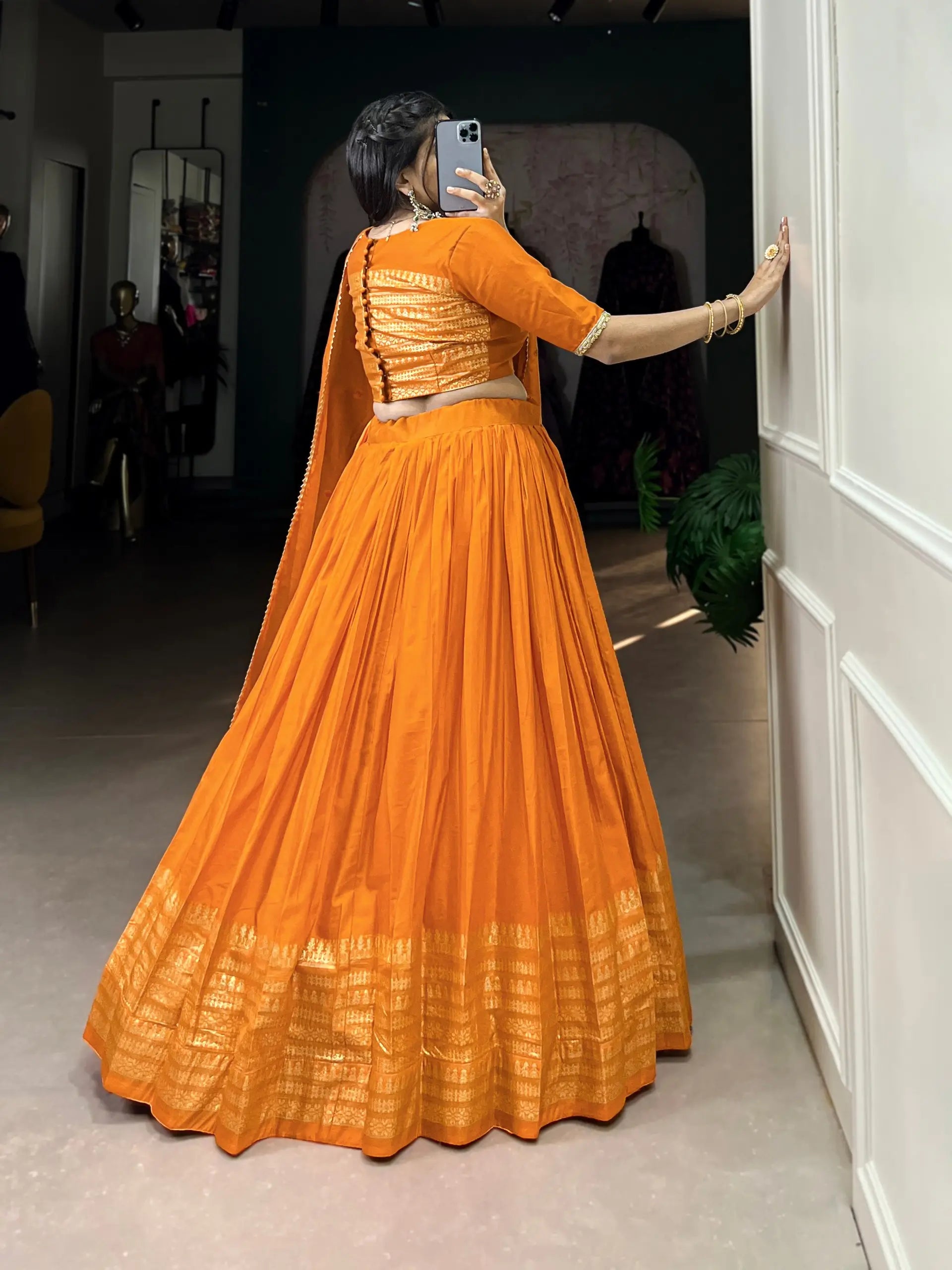 Orange Chanderi Silk Lehenga Choli With Zari Weaving Work | Ready To Wear - qivii