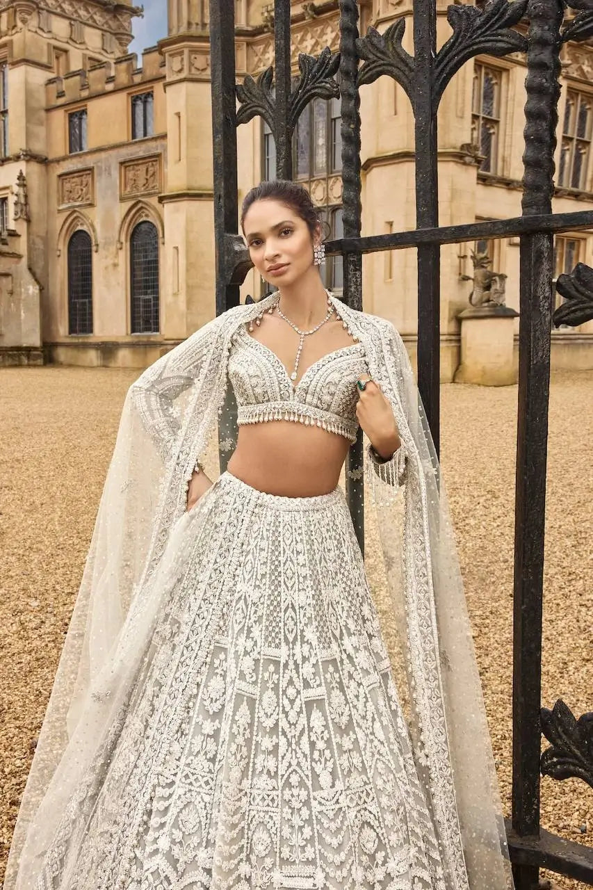 White Net Lehenga Choli With Thread, Sequence & Dori Work | Ready To Wear - qivii
